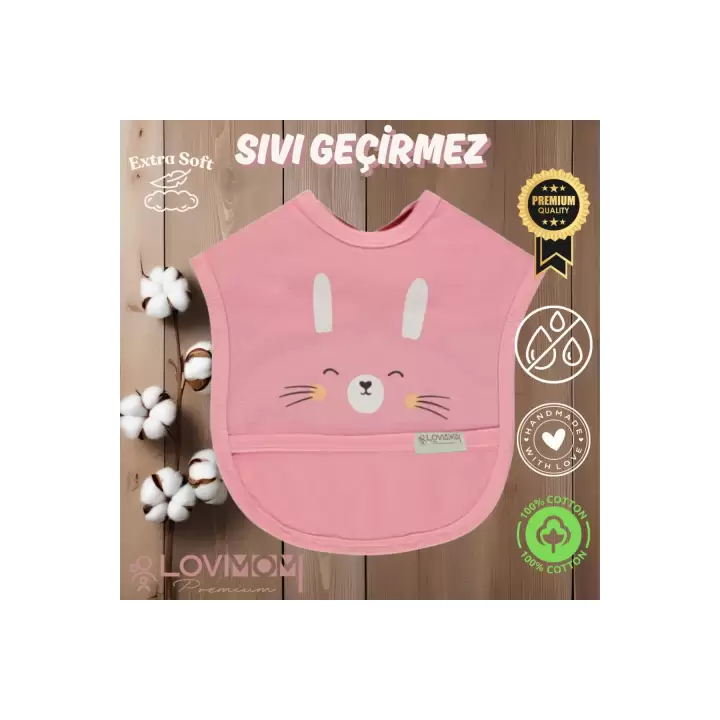 %100 Pamuk Su Geçirmez Yumuşak Penye Bebek Mama Önlüğü Cepli Cırtcırtlı PEMBE 0-2 Yaş