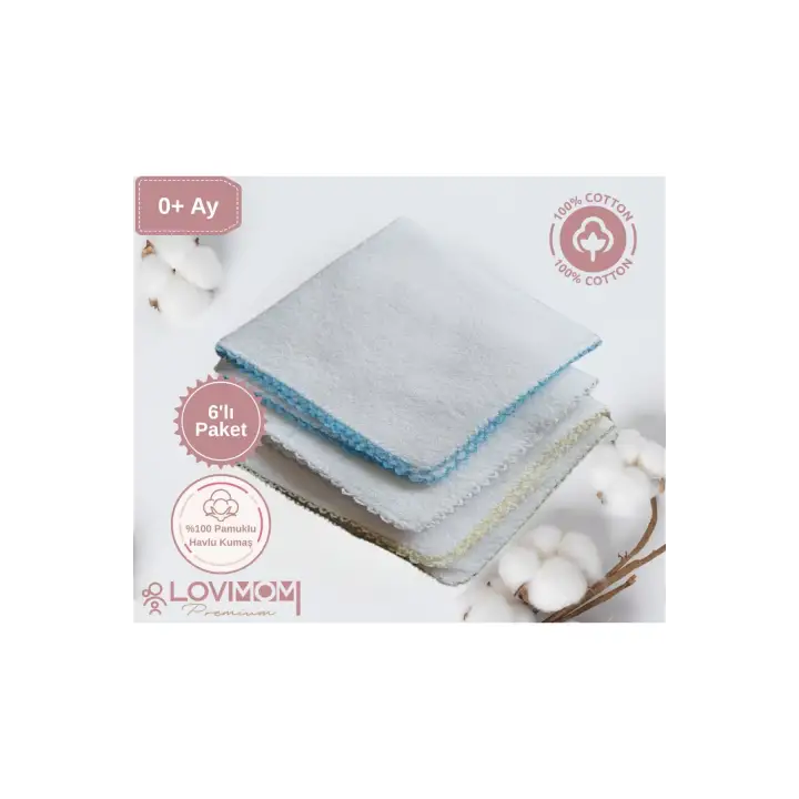 %100 Pamuk Havlu Kumaş Bebek Mendil 6’lı Set Ekstra Yumuşak, Büyük Boy Ter Bezi 28x28 cm