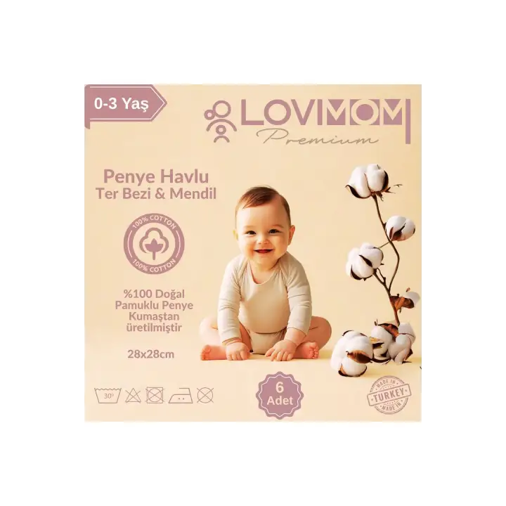 %100 Pamuk Havlu Kumaş Bebek Mendil 6’lı Set Ekstra Yumuşak, Büyük Boy Ter Bezi 28x28 cm