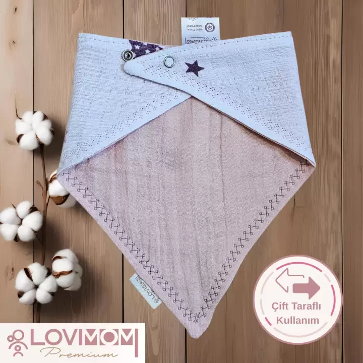 Premium %100 Pamuk Ekstra Soft 2 Kat Müslin Bebek Fuları Salya & Mama Önlüğü 45cm 3 Çıtçıtlı Star