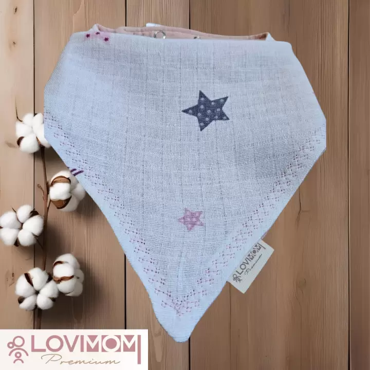 Premium %100 Pamuk Ekstra Soft 2 Kat Müslin Bebek Fuları Salya & Mama Önlüğü 45cm 3 Çıtçıtlı Star