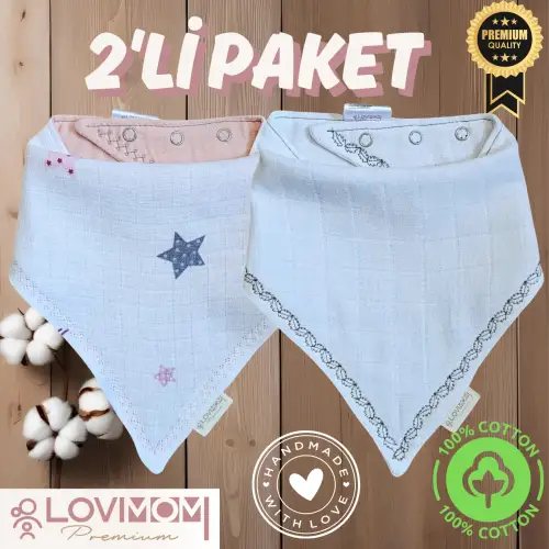 2li Paket Premium %100 Pamuk Ekstra Soft 2 Kat Müslin Bebek Fuları Salya & Mama Önlüğü 3 Çıtçıtlı - Star + Bright