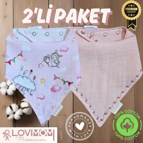 2li Paket Premium %100 Pamuk Ekstra Soft 2 Kat Müslin Bebek Fuları Salya & Mama Önlüğü 3 Çıtçıtlı - Dream + Pinkone