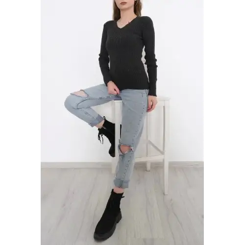 Casual Kadın Triko V Yaka Siyah Dar Kalıp Slimfit Yeni Sezon Antrasit