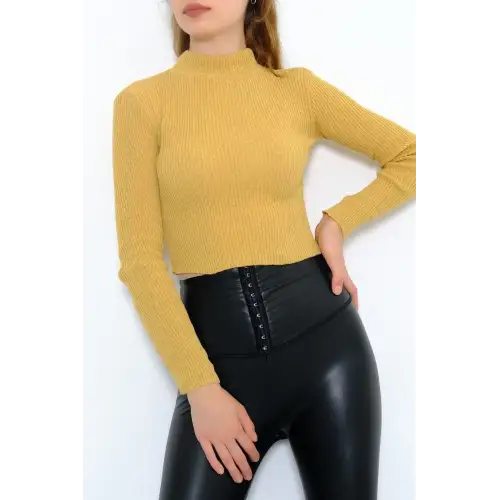 Crop Yarım Balıkçı Yaka Triko Hardal Dar Kalıp Slimfit Yeni Sezon