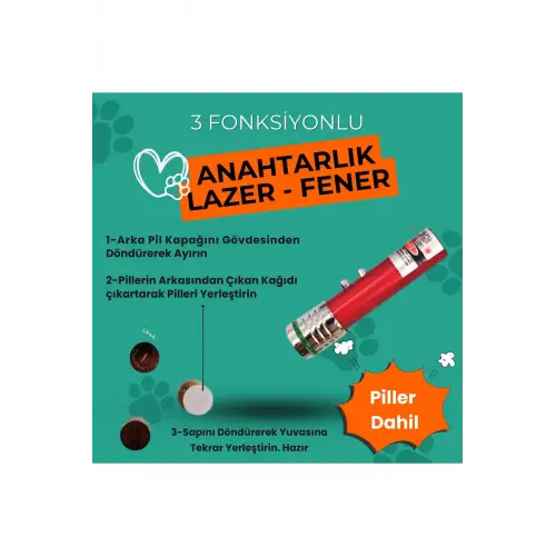 3 Fonksiyonlu Beyaz Led Fener + Kırmızı Lazer Işıklı Kedi Köpek Lazer Oyuncak | Anahtarlık - Mavi