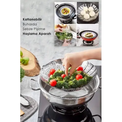 Buharda Sebze Pişirme Sepeti Haşlama Aparatı Katlanabilir Buharlı Pişirici Paslanmaz Çelik