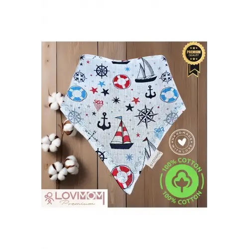 Premium %100 Pamuk Ekstra Soft 2 Kat Müslin Bebek Fuları Salya & Mama Önlüğü 45cm 3 Çıtçıtlı Sailor