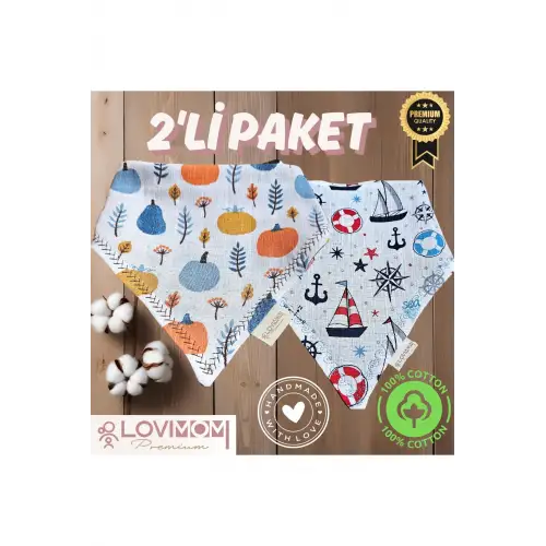 2li Paket Premium %100 Pamuk Ekstra Soft 2 Kat Müslin Bebek Fuları Salya & Mama Önlüğü 3 Çıtçıtlı Pumpkin + Sailor