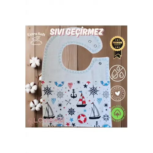 Premium %100 Pamuk Ekstra Soft 2 Katlı Su Geçirmez Müslin Bebek Mama Önlüğü Çıtçıtlı Sailor 0-2 Yaş