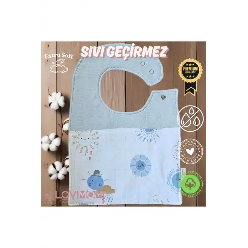 Premium %100 Pamuk Ekstra Soft 2 Katlı Su Geçirmez Müslin Bebek Mama Önlüğü Çıtçıtlı Sunshin 0-2 Yaş