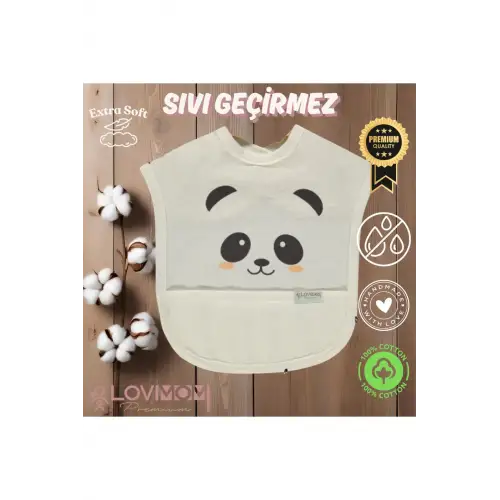 %100 Pamuk Su Geçirmez Yumuşak Penye Bebek Mama Önlüğü Cepli Cırtcırtlı Ekru 0-2 Yaş