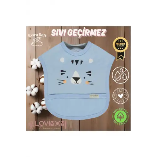 %100 Pamuk Su Geçirmez Yumuşak Penye Bebek Mama Önlüğü Cepli Cırtcırtlı MAVİ 0-2 Yaş