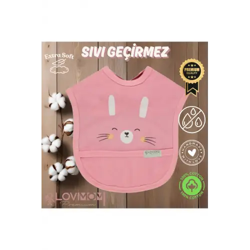 %100 Pamuk Su Geçirmez Yumuşak Penye Bebek Mama Önlüğü Cepli Cırtcırtlı PEMBE 0-2 Yaş