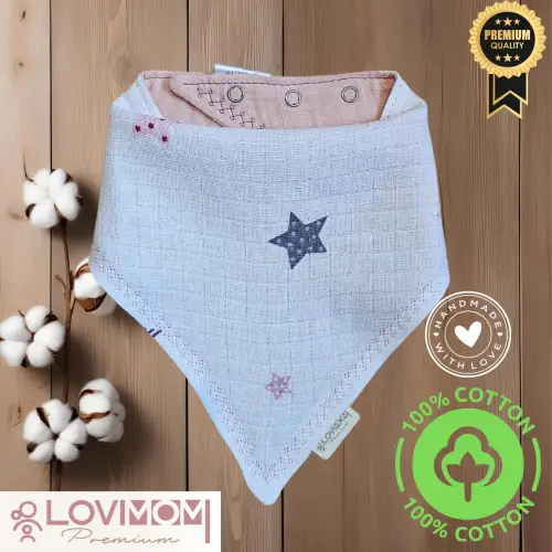 Premium %100 Pamuk Ekstra Soft 2 Kat Müslin Bebek Fuları Salya & Mama Önlüğü 45cm 3 Çıtçıtlı Star