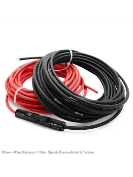 10mm Solar Kablo 10m Kırmızı + 10m Siyah Çift İzolasyonlu Konnektör Setli