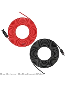 10mm 50m Kırmızı + 50m Siyah Çift İzolasyonlu Solar Kablo ve Konnektör Set