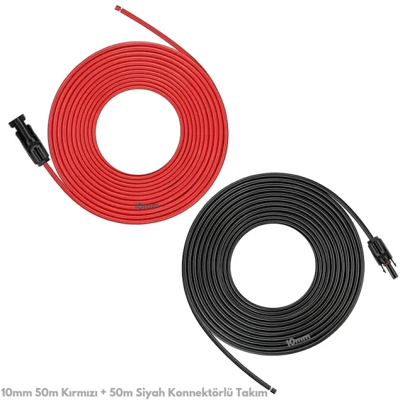 10mm 50m Kırmızı + 50m Siyah Çift İzolasyonlu Solar Kablo ve Konnektör Set