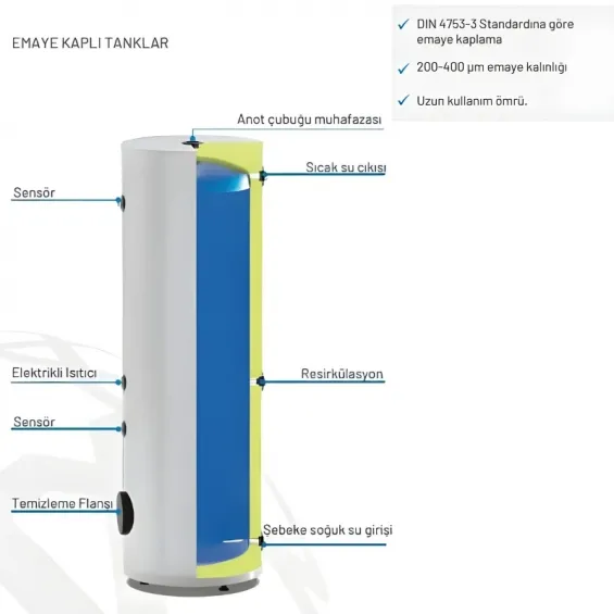 Solimpeks 300 Litre Dikey Emaye Akümülasyon Tankı