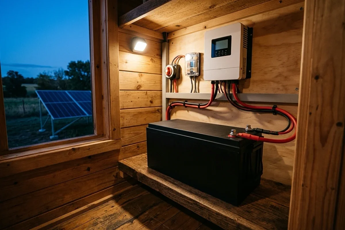 Tiny house teknik dolabında 12,8 V 200 Ah lityum akü, duvarda inverter, sigorta ve akü şalteri
