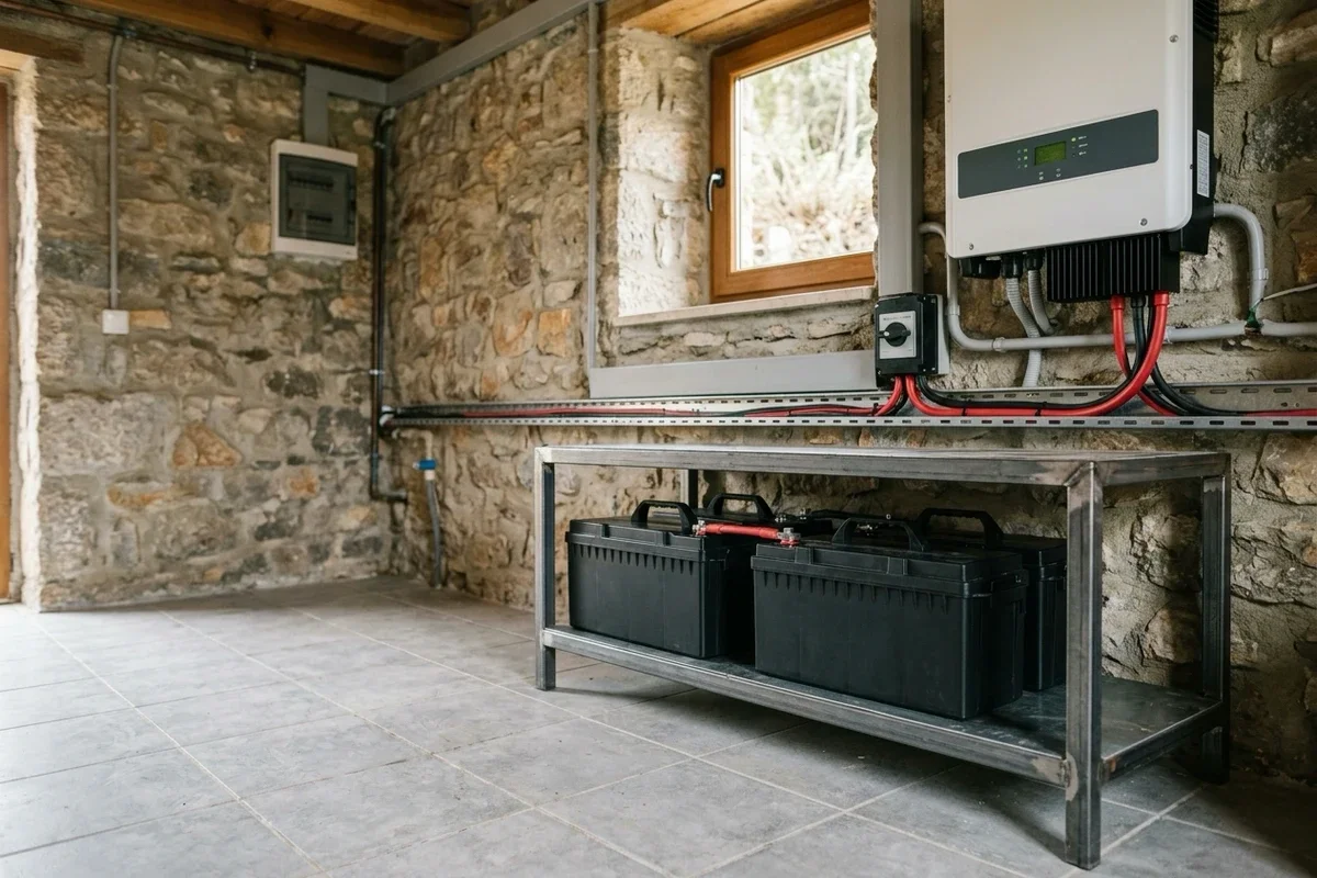 Taş duvarlı bir bağ evi teknik odasında duvara monte inverter, DC şalter ve altındaki çelik rafta paralel bağlı lityum aküler