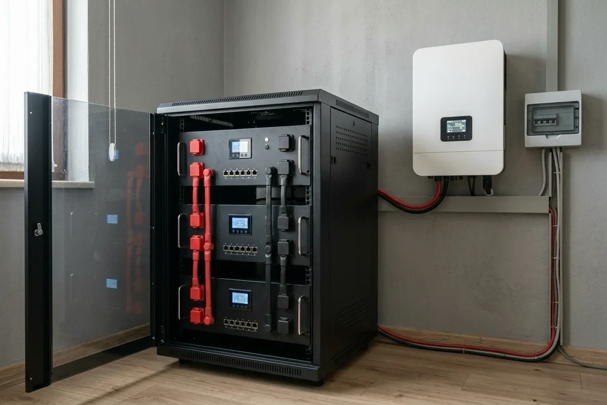 Evin teknik odasında 19 inç kabine yerleştirilmiş, kırmızı ve siyah kablolarla paralel bağlanmış üç adet 3U kaset tipi lityum akü modülü ve duvarda hibrit inverter