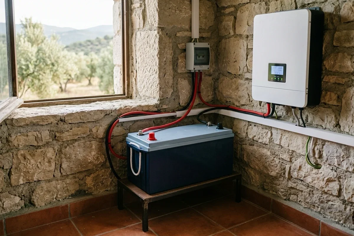 Taş duvarlı bir bağ evinin teknik odasında çelik sehpa üzerinde lacivert gövdeli 25,6 V lityum akü, kırmızı ve siyah kablolarla DC sigorta üzerinden duvardaki akıllı invertere bağlı