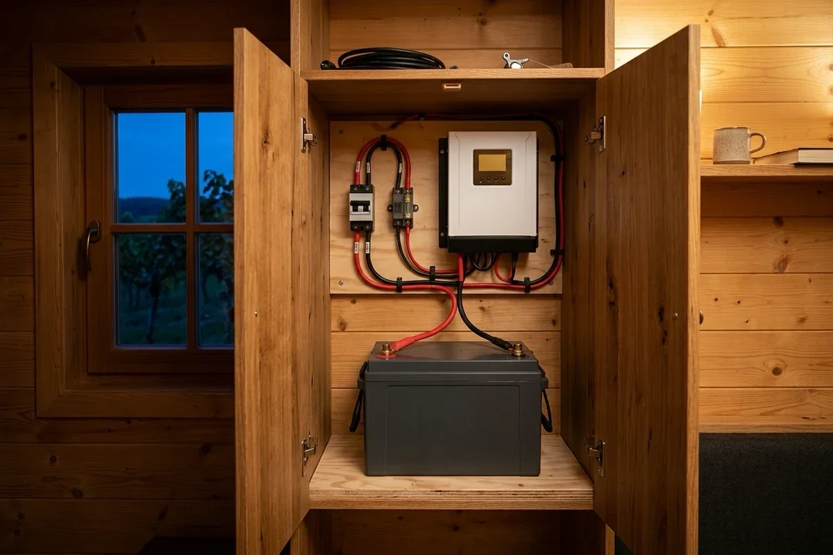 Ahşap tiny house içinde açık teknik dolap: alt rafta 12,8 V 150 Ah LiFePO4 akü, üstte duvara monte 12 V akıllı inverter, DC sigorta ve düzenli akü kabloları