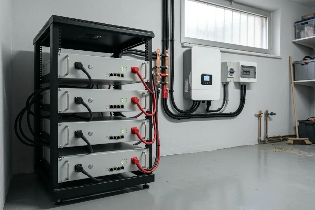 Ev teknik odasında rack kabine yerleştirilmiş dört LiFePO4 kaset akü modülü, duvarda hibrit inverter ve DC ayırıcı