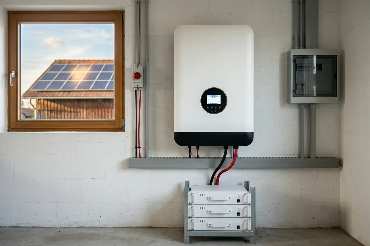 Bir çiftlik evinin teknik odasında duvara monte edilmiş beyaz 11 kW akıllı inverter, altında üç modüllü 48 V lityum akü grubu, solda DC ayırıcı, sağda AC dağıtım panosu ve pencereden görünen güneş panelli çatı