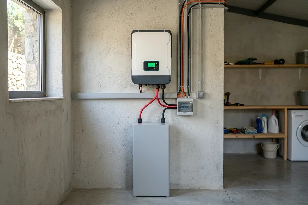 Teknik odada duvara monte edilmiş akıllı inverter, altında 24 V lityum akü kabini ve DC koruma kutusu