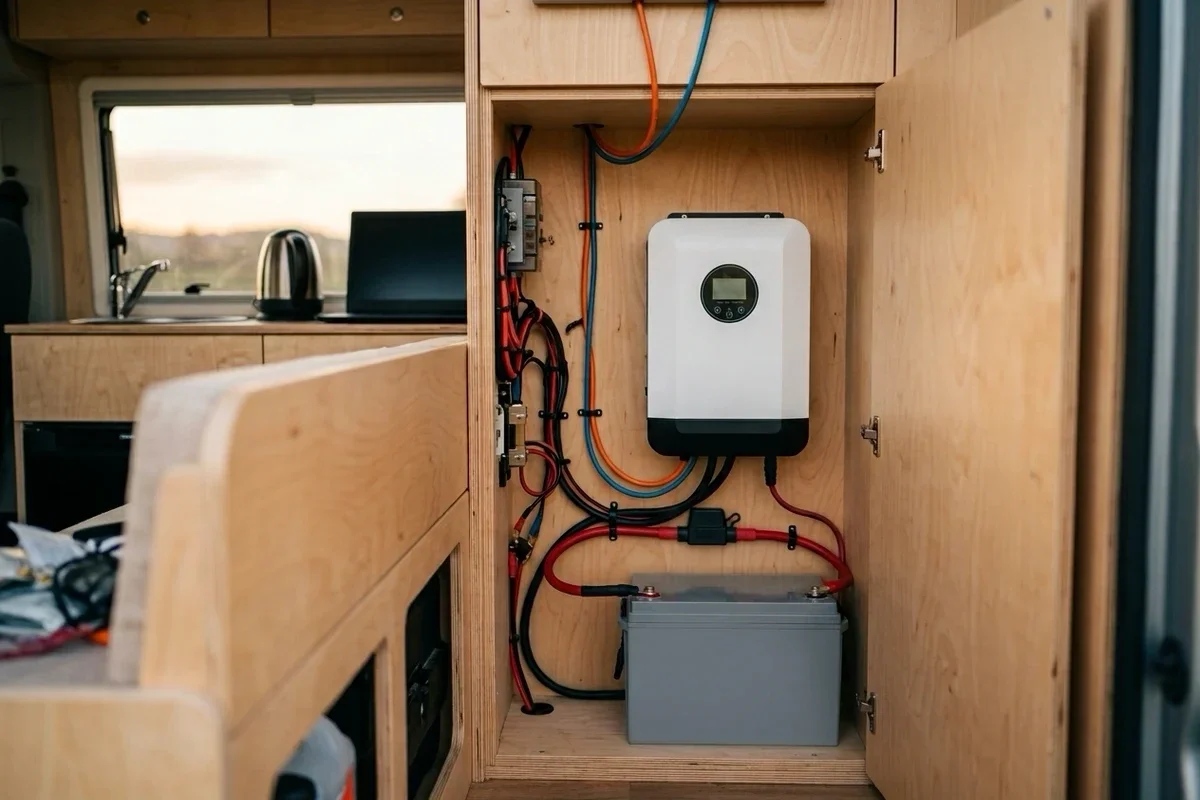 Karavan dolabına monte edilmiş akıllı inverter, altında 12 V akü ve kısa kalın akü kabloları
