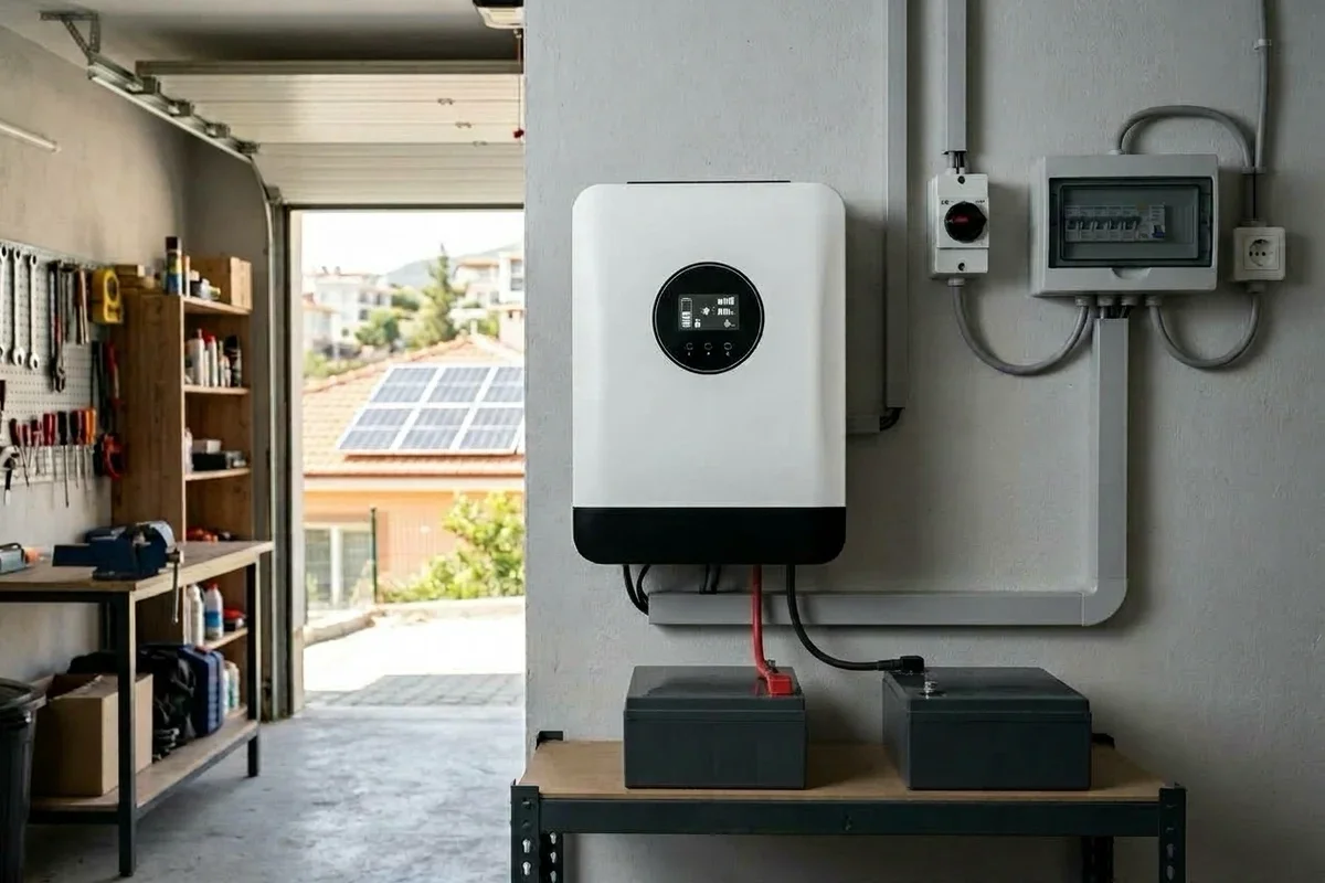 Garaj duvarında beyaz gövdeli, yuvarlak ekranlı akıllı inverter, altında rafta iki akü, yanında DC ayırıcı ve AC sigorta kutusu