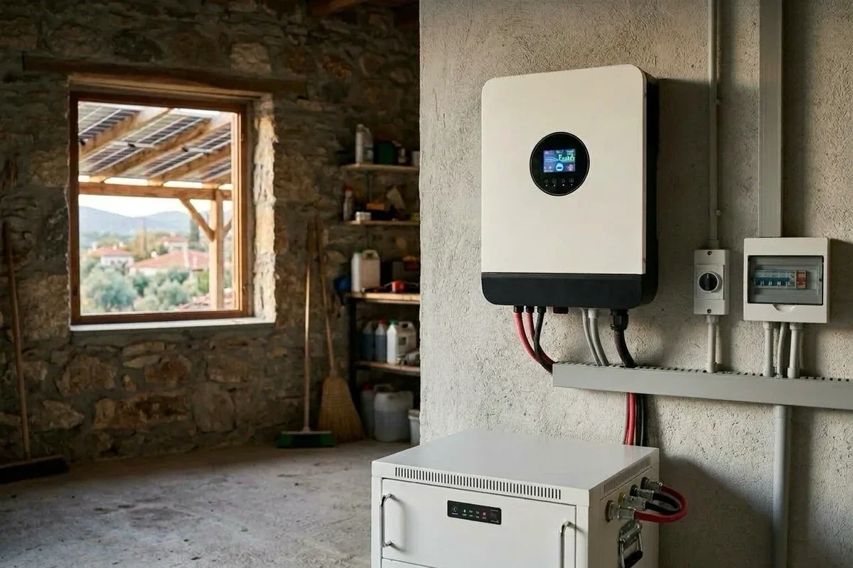 Köy evinin teknik odasında duvara monte akıllı inverter, altında 48 V lityum akü kabini, pencereden güneş panelleri görünüyor