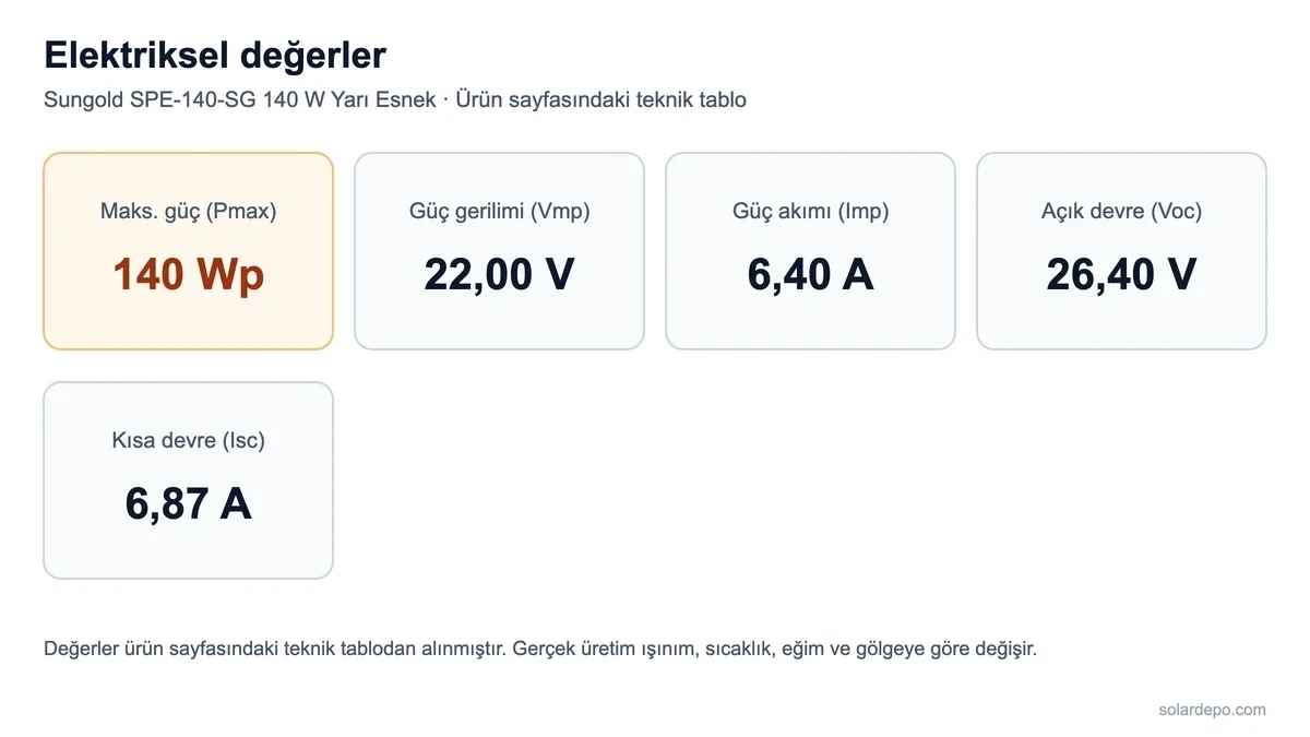 Sungold SPE-140-SG için 140 Wp güç, 22,00 V Vmp, 6,40 A Imp, 26,40 V Voc ve 6,87 A Isc değer kartları