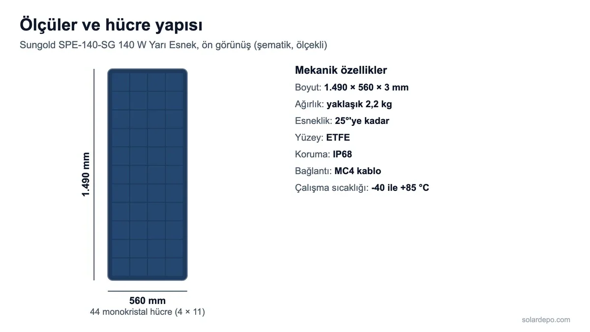 Sungold SPE-140-SG yarı esnek panelin 1.490 x 560 mm ölçüleri, 44 hücreli (4 sütun, 11 sıra) yerleşimi ve mekanik değerleri gösteren şema