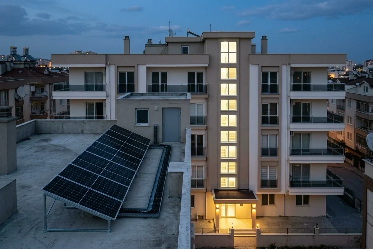 Akşam apartman çatısında eğimli konstrüksiyonda güneş panelleri, kablo kanalı ve ışıkları yanan merdiven boşluğu
