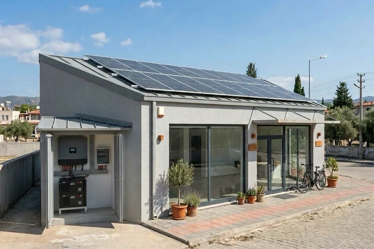 Trapez sac çatısında iki sıra güneş paneli bulunan tek katlı cam vitrinli işyeri; yan taraftaki teknik dolapta duvara monte 12 kW hibrit inverter, altında iki lityum akü modülü ve dağıtım panosu