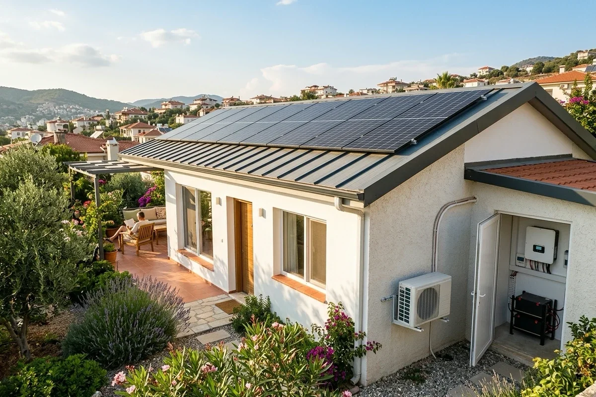 Trapez metal çatısında tek sıra 9 güneş paneli, yan duvarında klima dış ünitesi ve teknik odasında inverter ile iki lityum akü bulunan müstakil ev