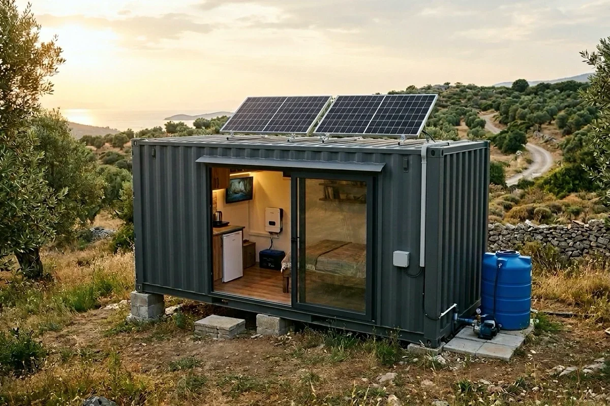 Zeytinlikte 20 ft konteyner ev, çatıda iki adet 245 W güneş paneli, içeride mini buzdolabı, inverter ve lityum akü, yanda su deposu ve hidrofor