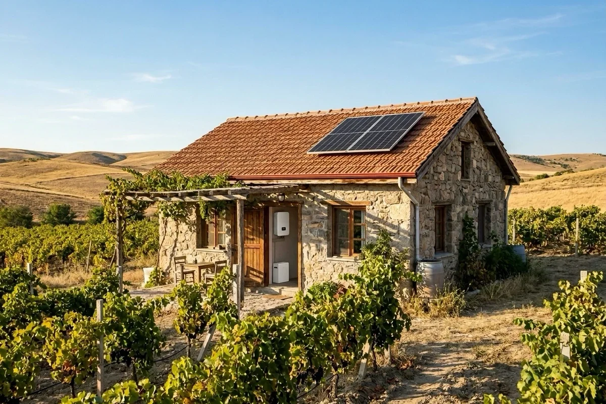 Üzüm bağları arasında taş bağ evi, kiremit çatıda iki adet 205 W güneş paneli, içeride inverter ve lityum akü