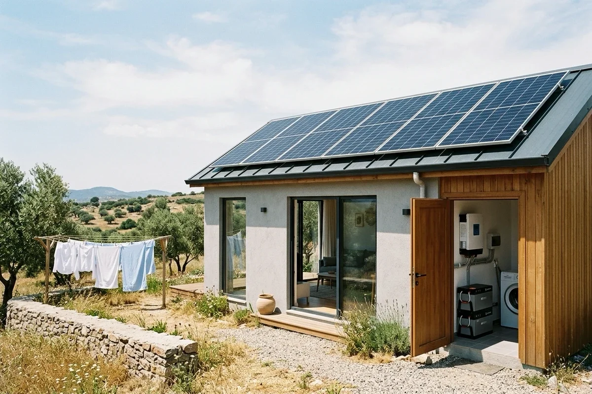 Ege kırsalında tek katlı minimalist evin tek eğimli çatısında 6 adet 450 W güneş paneli, yan odada duvara monte inverter, iki lityum akü ve çamaşır makinesi, bahçede kuruyan çamaşırlar