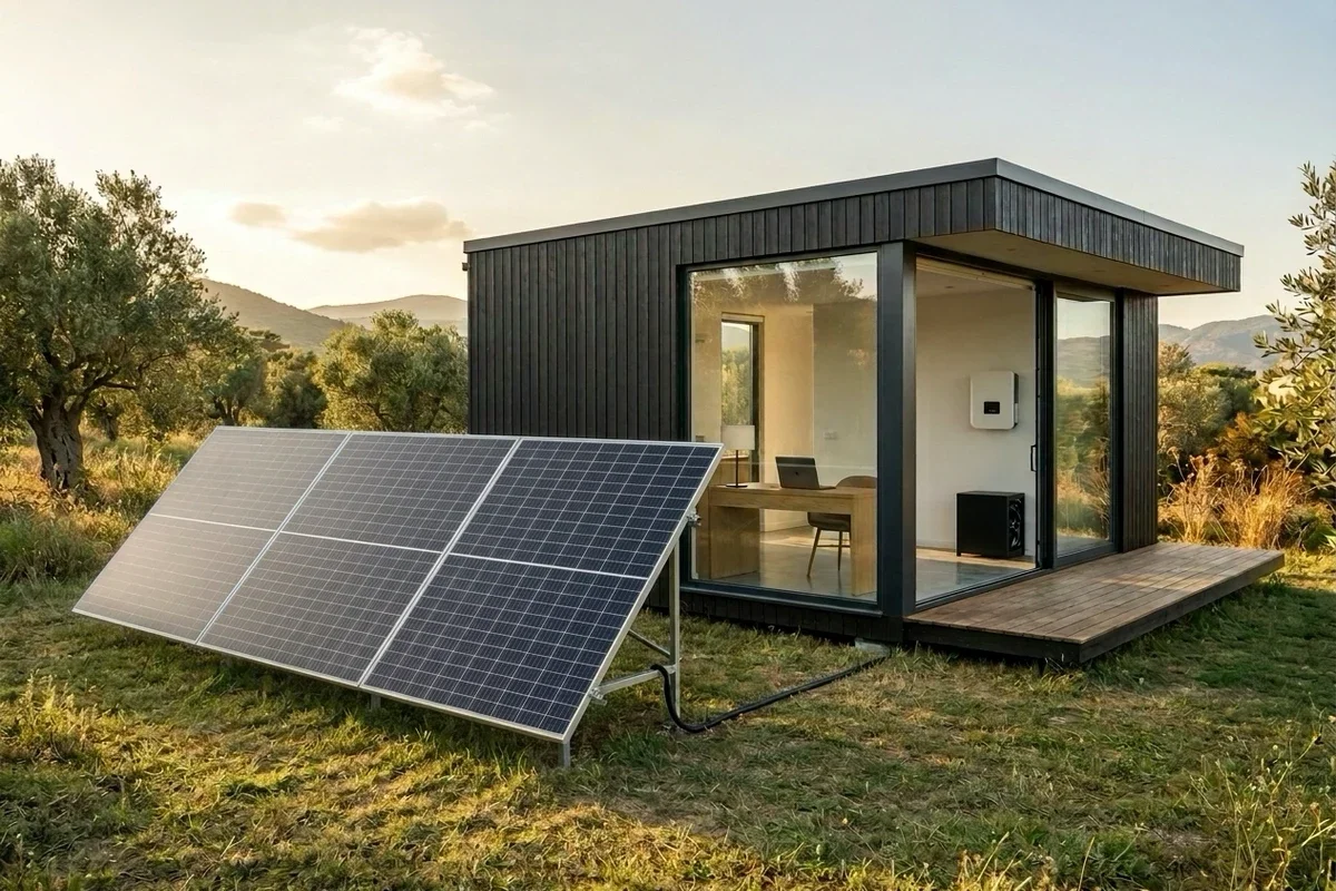 Zeytinlik içinde siyah ahşap kaplı minimalist modüler ev, önünde zemin konstrüksiyonunda altı güneş paneli, içeride çalışma masası, duvarda inverter ve yerde lityum akü