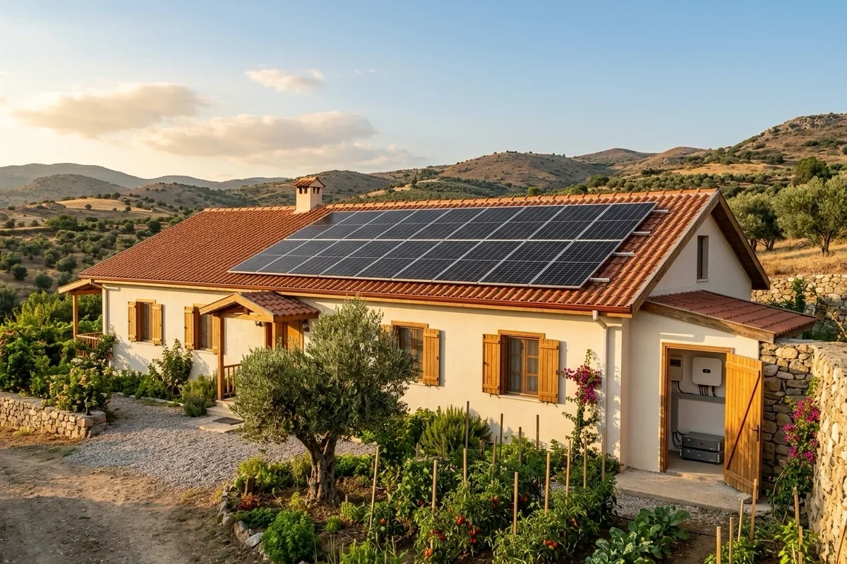 Kiremit çatılı kırsal müstakil evin güney çatısında iki sıra halinde 14 adet 600 W güneş paneli, yan odada duvara monteli inverter ve iki lityum akü modülü