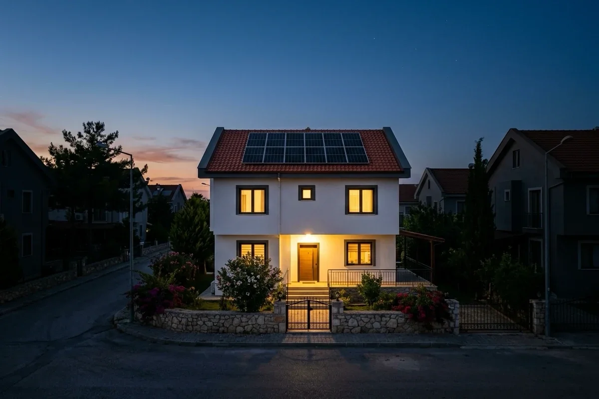 Mahallede elektrik kesintisi sırasında karanlık evler arasında ışıkları yanan, kiremit çatısında 6 × 2 dizilimde 12 güneş paneli bulunan müstakil ev
