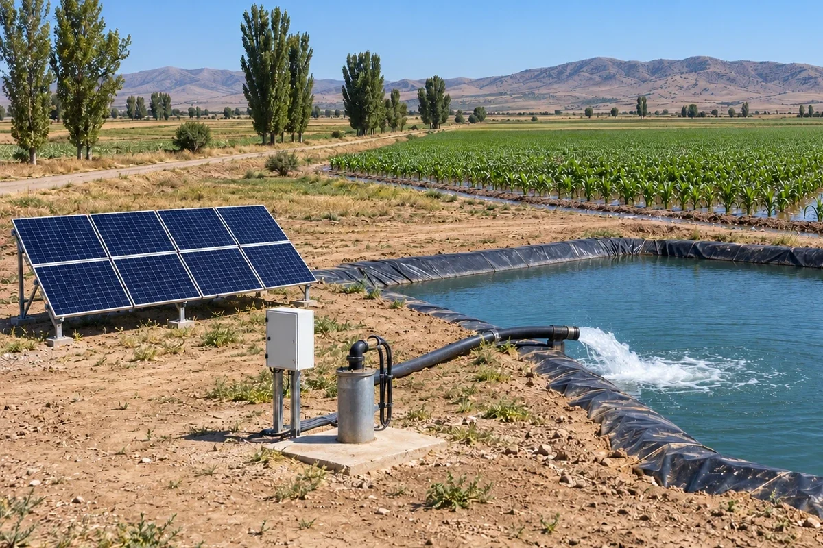 Mısır tarlası kenarında zemine kurulu 4 x 2 dizilmiş 8 güneş paneli, kontrol kutusu ve kuyu başı; pompa siyah geomembran kaplı havuzu dolduruyor, arkada mısır sıraları arasında karıklarda su