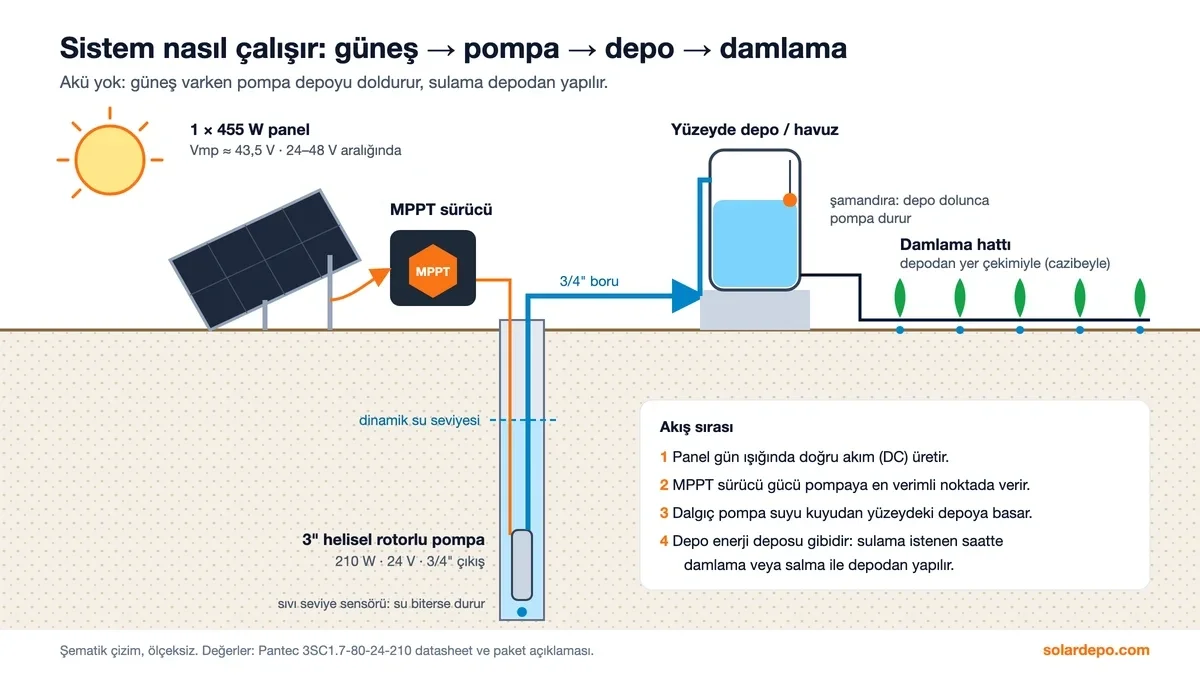 Şema: 1 adet 455 W panel, MPPT sürücü, kuyudaki 210 W helisel rotorlu dalgıç pompa, 3/4 inç boru, şamandıralı yüzey deposu ve damlama hattı