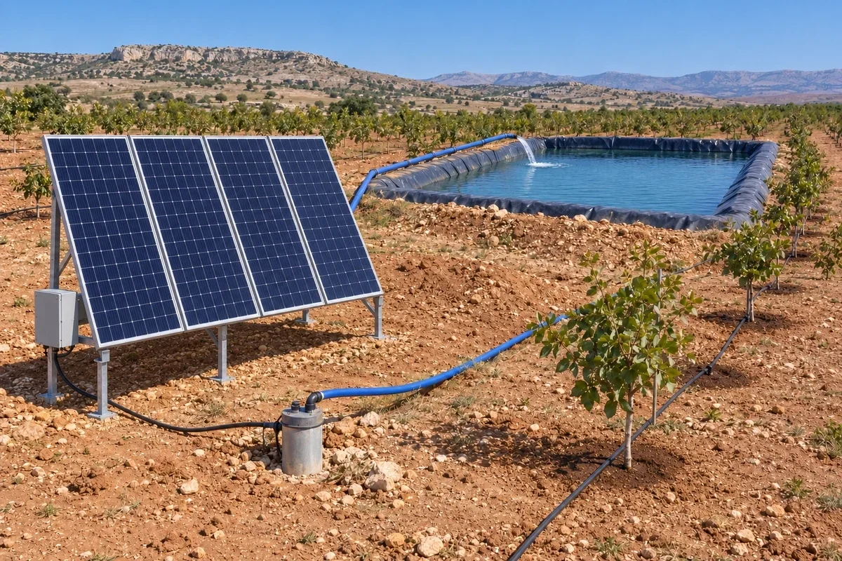 Genç Antep fıstığı bahçesinde zemin konstrüksiyonuna monte 4 adet güneş paneli, kuyu başı, geomembran kaplı havuza su basan mavi boru ve ağaç sıralarına giden damla sulama hatları