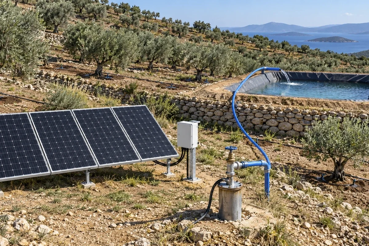 Ege'de taraslı zeytinlikte 4 adet güneş paneli, kontrolör ve kuyu başı; pompa geomembran havuzu dolduruyor, havuzdan damlama hatları zeytin ağaçlarına gidiyor