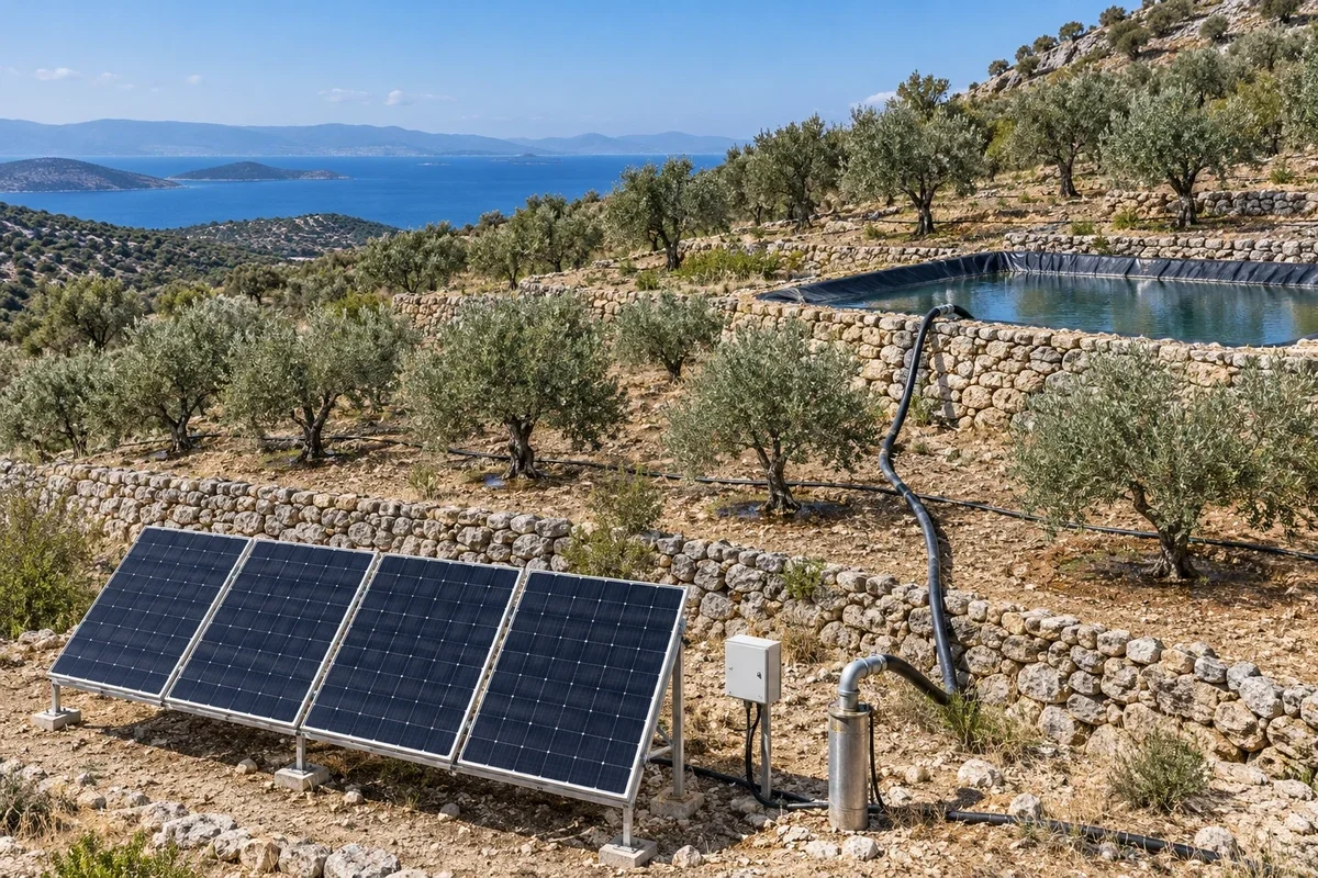 Ege yamacında taş teraslı zeytinlikte 4 güneş paneli, sürücü ve kuyu başı; pompa geomembran havuzu dolduruyor, zeytinler damla sulamayla sulanıyor